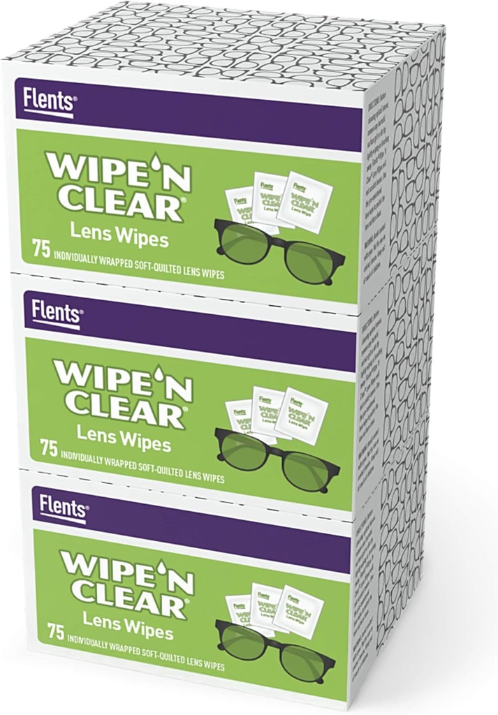 Flents Eyeglass Cleaner Lens Wipes - 225 Count (3 Boxes of 75) Individually Wrapped Pre-Moisted Cleaning Cloths Anti-Streak for Eyeglasses, Sunglasses, Phone Screens, Computer Monitors