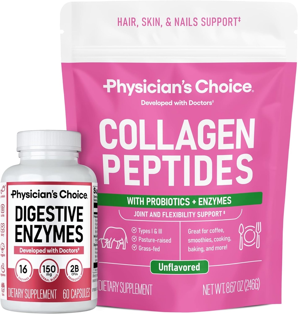 ΕΠΙΛΟΓΗ Ιατρού - Full Gut Health Bundle: Collagen Peptides Powder + Digestive Enzymes 60ct για Digestive Άνεση, αποκατάσταση προπόνησης, & δέρμα, νύχια, και κοινή υποστήριξη