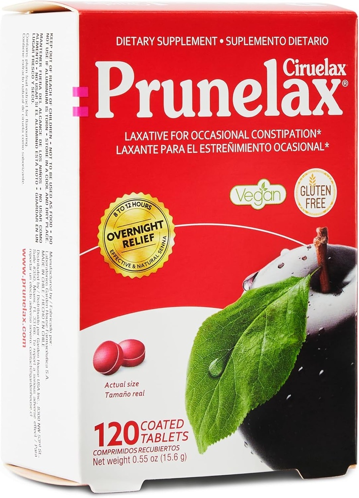 Prunelax Ciruelax Laxative Strength Mini Tablets - Διανυκτέρευση Ανακούφιση για περιστασιακή δυσκοιλιότητα, Senna Extract, Vegan & Gluten-free, Gentle Relief - 120ct