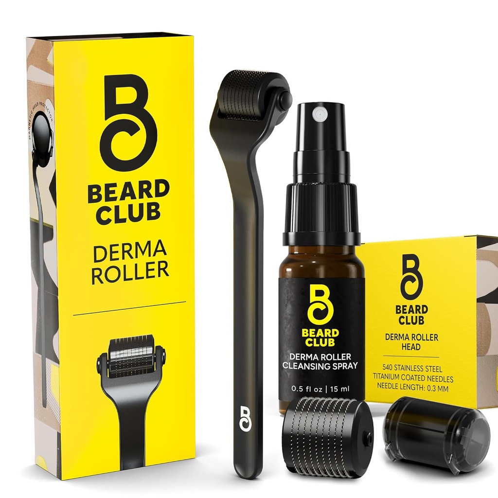 The Beard Club Derma Roller, Cleaning Spray & Replacement Head - Beard Roller with Cleaning Spray and Replacement Head