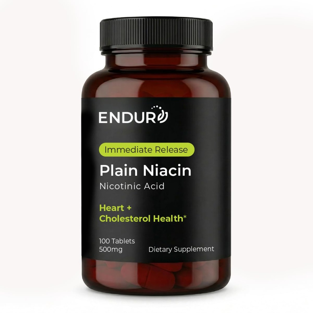 Endur Plain Niacin (Nicotinic Acid), Heart Health & Healthy Cholesterol Balance Supplement, Immediate-Release Formula, Gluten Free, 500mg (100 Tablets)