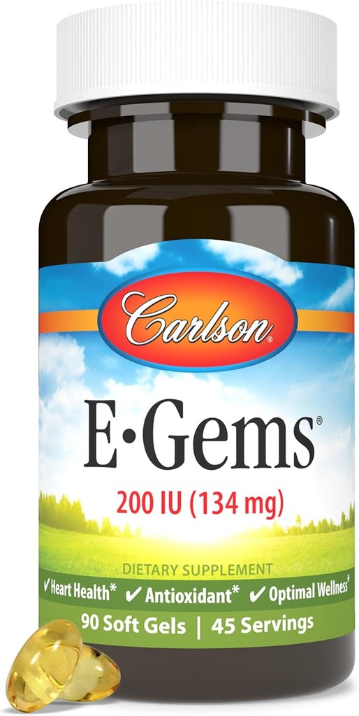 Carlson E- Gems 200 IU (134 mg), Φυσικής Πηγής Βιταμίνη Ε, Βέλτιστη Ευεξία, 90 Μαλακά Γέλη