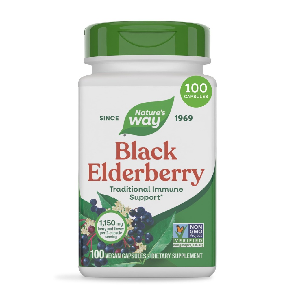 Nature's Way Black Elderberry Capsules, Traditional Immune Support Supplement with Elderberry and Elderflower*, 1,150 mg per 2-Capsule Serving, Plant-Powered Vegan Capsules, 100 Count