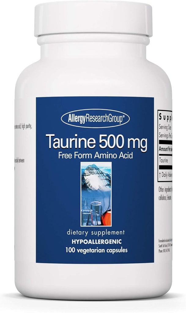 Ομάδα Έρευνας Αλλεργίας Taurine 500mg Συμπλήρωμα - Καρδιαγγειακή Υποστήριξη, Δωρεάν Μορφή Αμινοξέος, Καθαρές, Οργανικές, Χορτοφαγικές Κάψουλες - 100 Count