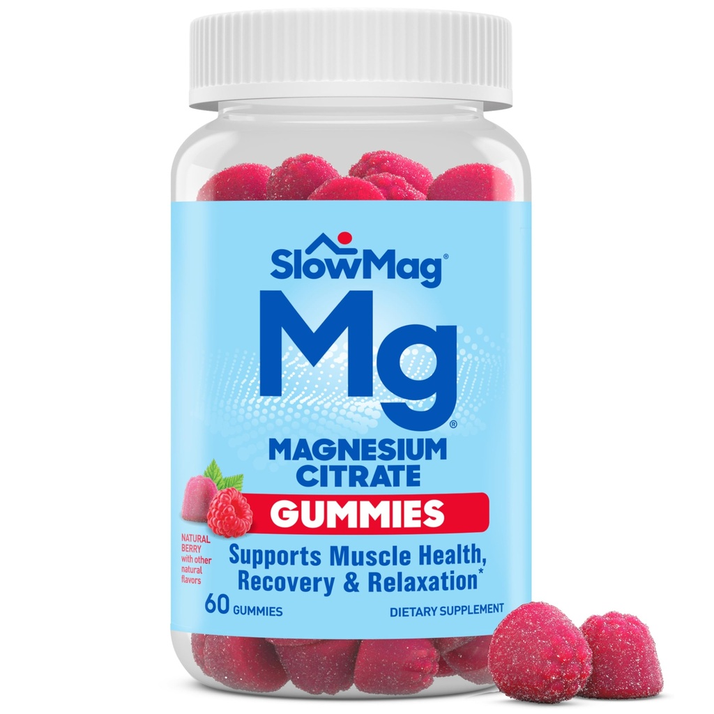 SlowMag Mag Mag Magnesium Citrate Gummies - Υποστηρίζει την υγεία των μυών, ανάκτηση & χαλάρωση, φυσικό μούρο Γεύση, 60 κόμης