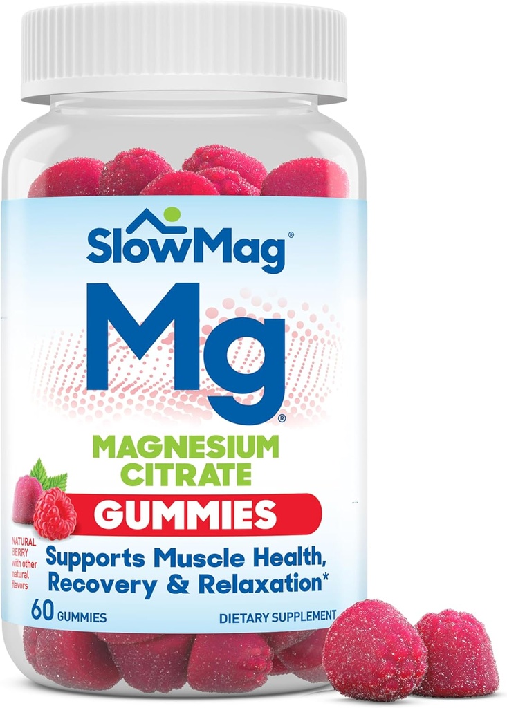 SlowMag Mag Mag Magnesium Citrate Gummies - Υποστηρίζει την υγεία των μυών, ανάκτηση & χαλάρωση, φυσικό μούρο Γεύση, 60 κόμης