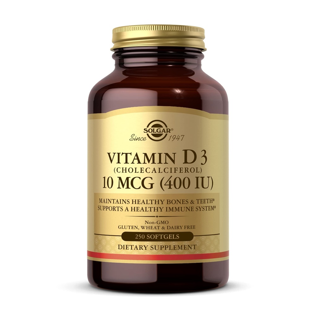 Solgar Vitamin D3 (Χολκαλσιφερόλη) 10 mcg (400 IU) - 250 Softgels - Βοηθά στη διατήρηση των υγιών οστών & δοντιών - Υποστήριξη ανοσοποιητικού συστήματος - Μη-ΓΤΟ, Χωρίς γλουτένη, Χωρίς γαλακτοκομικά - 250 Σερβιέτες