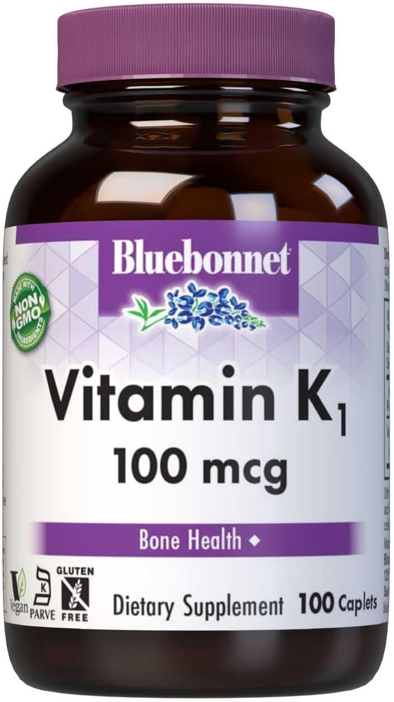 Bluebonnet Vitamin K1 100 mcg Υποστηρίζει την υγεία των οστών - Phylloquinone συμπλήρωμα κρυσταλλικής βιταμίνης K - μη ΓΤΟ, Kosher Πιστοποιημένο, χωρίς γλουτένη, χωρίς γαλακτοκομικά - 100 Vegan Caplets