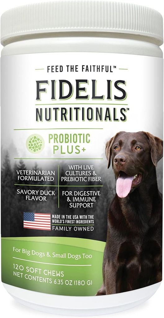 FIDELIS Probiotic Plus+ Pet Probiotics for Dogs, Digestive Gut Health, Yeast, Ichy Skin/Ears, Paw Licking, Safe Dog Treat Supplement for Pets, Adult, Big & Small, Made in USA, Duck Flavor, 120 Chews