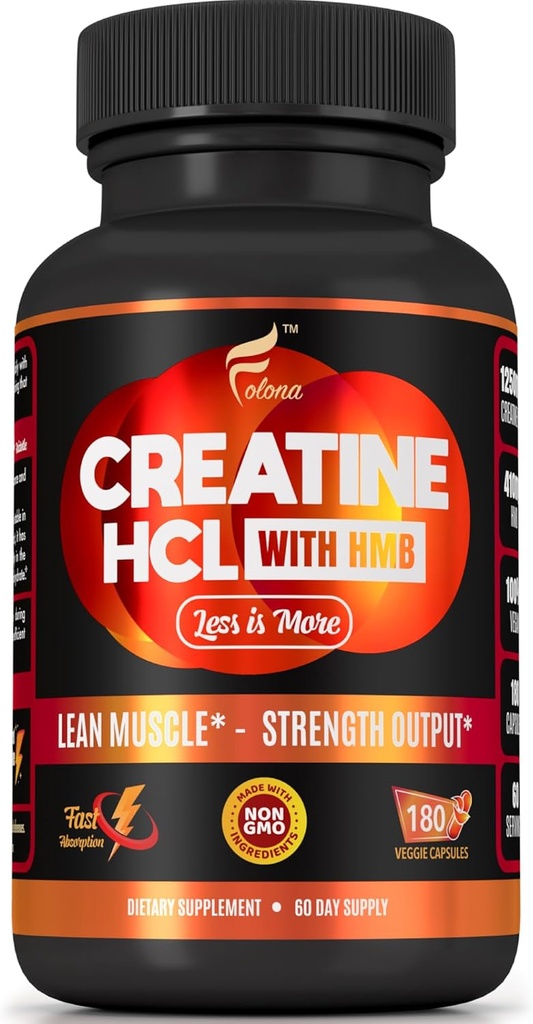 Κάψουλες HCL Creatine με HMB - Συμπλήρωμα προπόνησης για άνδρες & γυναίκες, οικοδόμος μυών, αντοχή, δύναμη, ανώτερη έως μονοϋδρική: Στιγμιαίο για μέγιστη απορρόφηση, χωρίς φορτίο, χωρίς bloat, 180 κάψουλες Vegan