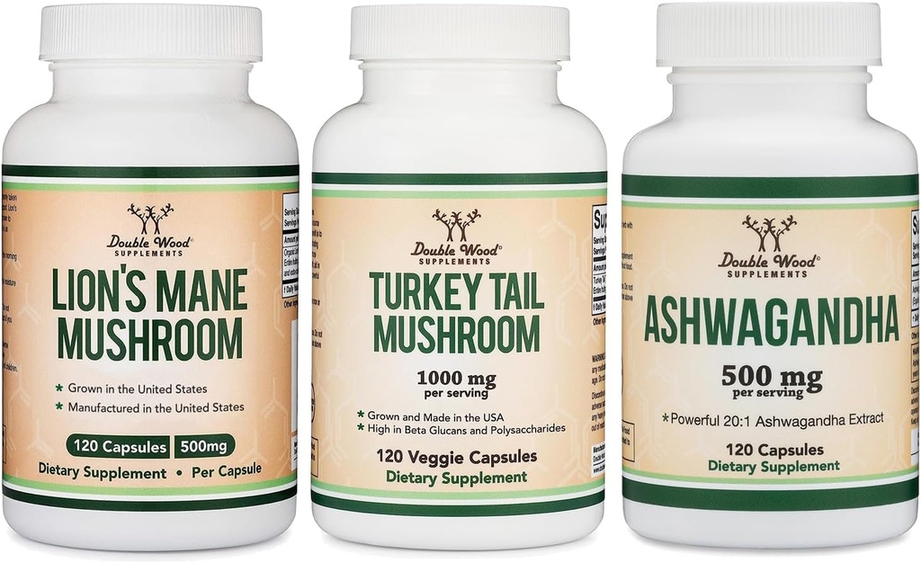 Διπλά συμπληρώματα ξύλου Lion's Mane Mushroom 120 Count, Turkey Tail 120 Count, Ashwagandha 120 Count