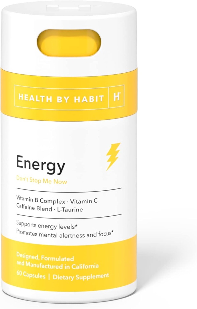 Health by Habit Energy Supplement (60 Κάψουλες) - Natual Caffeine Blend, Βιταμίνες B & C, Υποστηρίζει Ενεργειακά Επίπεδα, Προάγει τη Διανοητική Συναγερμό και Εστίαση, Vegan, Μη ΓΤΟ, Χωρίς Ζάχαρη (1 Pack)