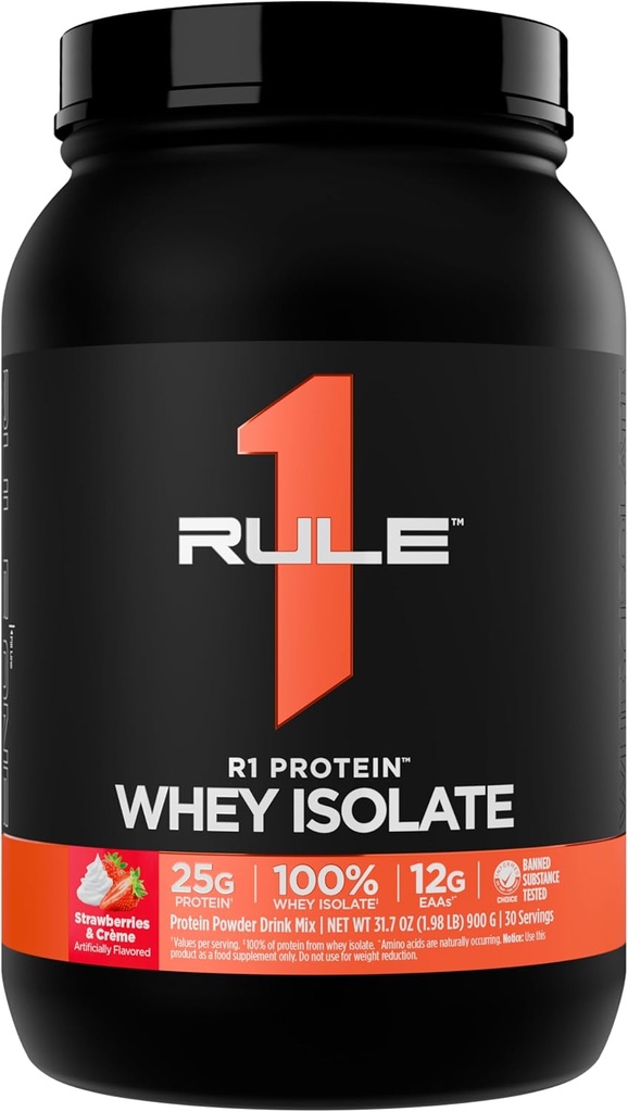Άρθρο 1 R1 Πρωτεΐνη Whey Isolate - με 25g πρωτεΐνη & 6g BCAA Αποκλειστικά από Απομονωμένες & Υδρολυμένες Πηγές για την αποκατάσταση προπόνησης (2 Λίρες*, Φράουλες & Crème)