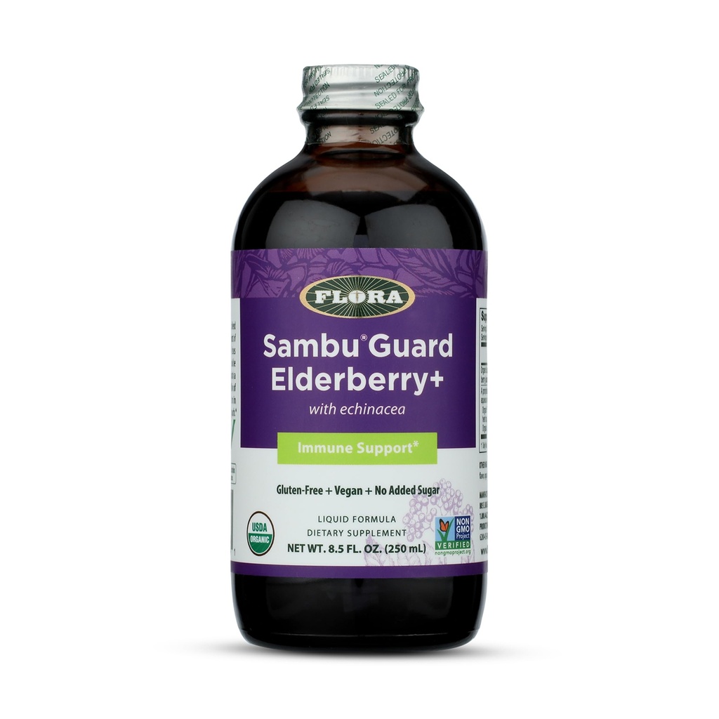 Flora Organic Black Elderberry Syrup + 8.5oz - Ανοσοποιητικό Αναμνηστικό με Echinacea, για Παιδιά & Ενήλικες, Χωρίς Προστιθέμενη Ζάχαρη, Χωρίς Γλουτένη, Vegan, SambuGuard