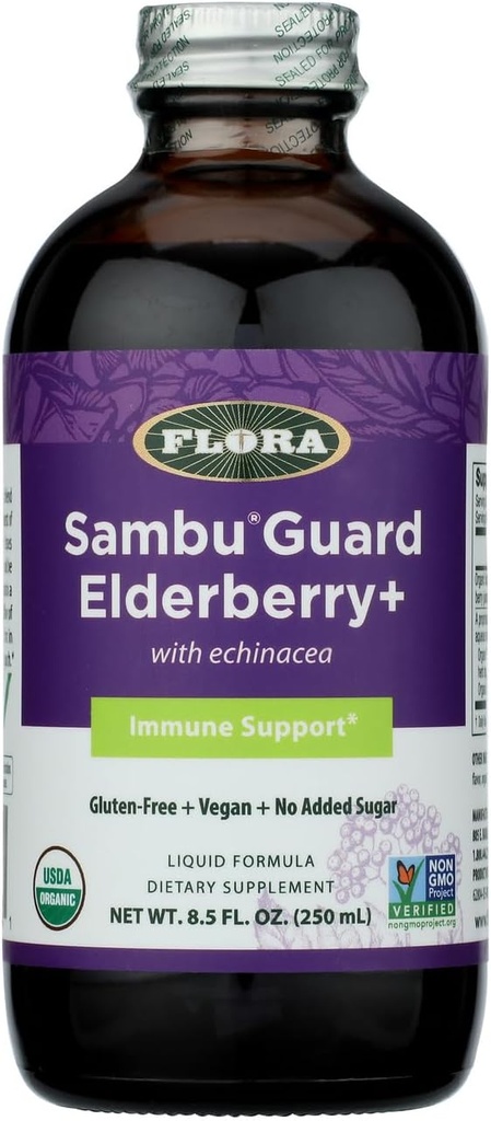 Flora Organic Black Elderberry Syrup + 8.5oz - Ανοσοποιητικό Αναμνηστικό με Echinacea, για Παιδιά & Ενήλικες, Χωρίς Προστιθέμενη Ζάχαρη, Χωρίς Γλουτένη, Vegan, SambuGuard