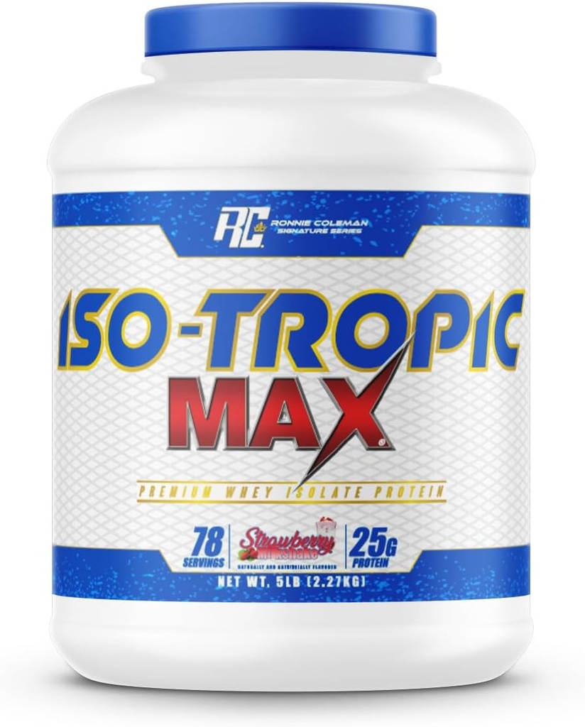 Ronnie Coleman Signature Series Whey Isolate Protein Powder, Pre workout Shake Mix for Lean Myster Mass & Post Workout Recovery, Iso-Tropic Max, Strawberry Milkshake Flavor, 5 lbs, 75 Services