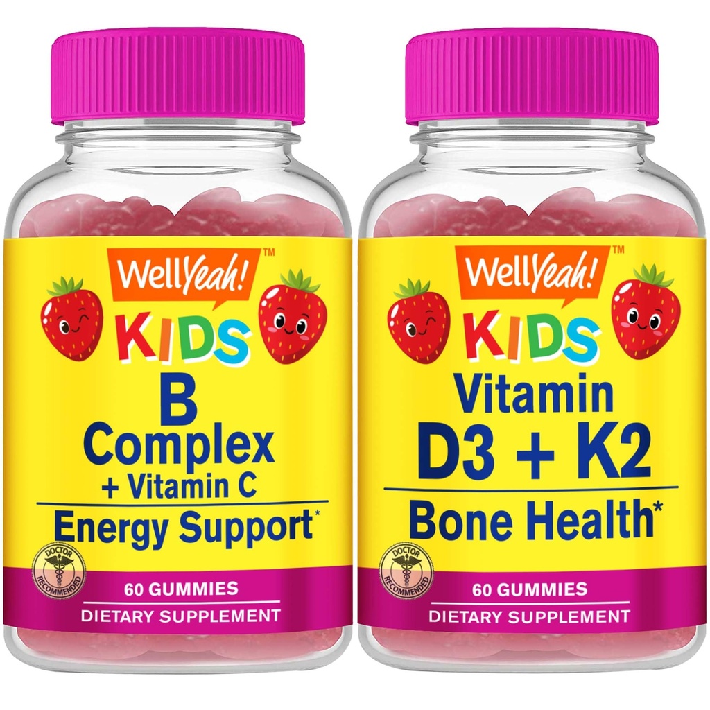 Λοιπόν... Yeah B Complex Kids + Βιταμίνη D3+K2 Kids, Gummies Bundle - Μεγάλη γεύση, συμπλήρωμα βιταμίνης, Χωρίς γλουτένη, GMO Δωρεάν, Μασώμενο Gummy