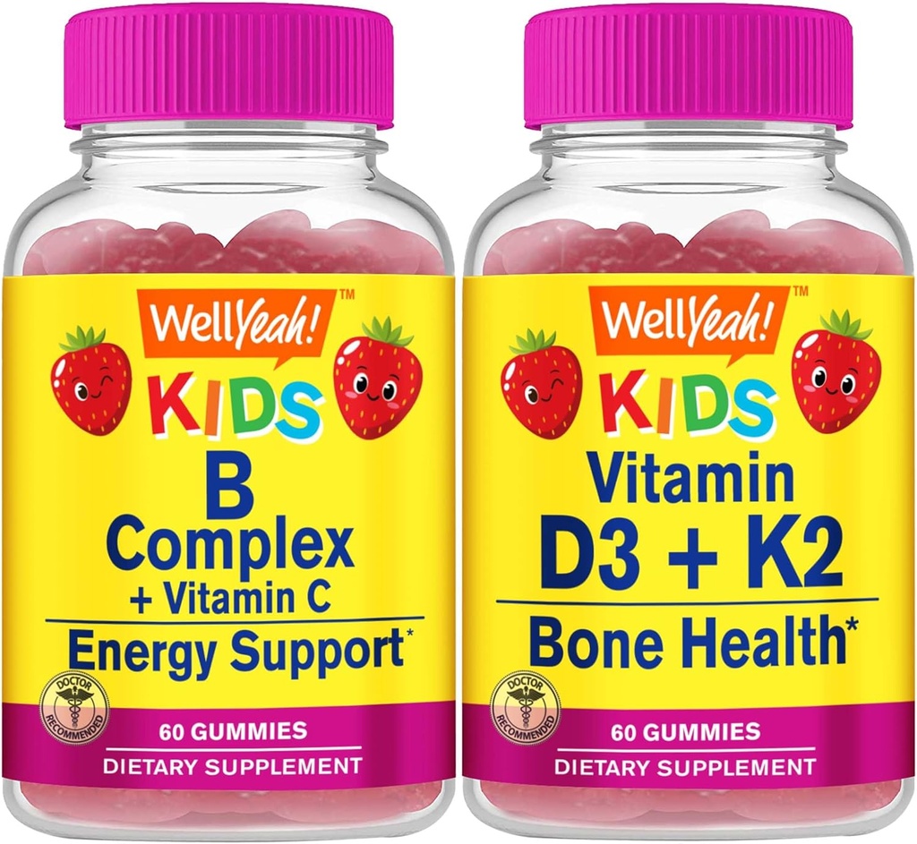 Λοιπόν... Yeah B Complex Kids + Βιταμίνη D3+K2 Kids, Gummies Bundle - Μεγάλη γεύση, συμπλήρωμα βιταμίνης, Χωρίς γλουτένη, GMO Δωρεάν, Μασώμενο Gummy