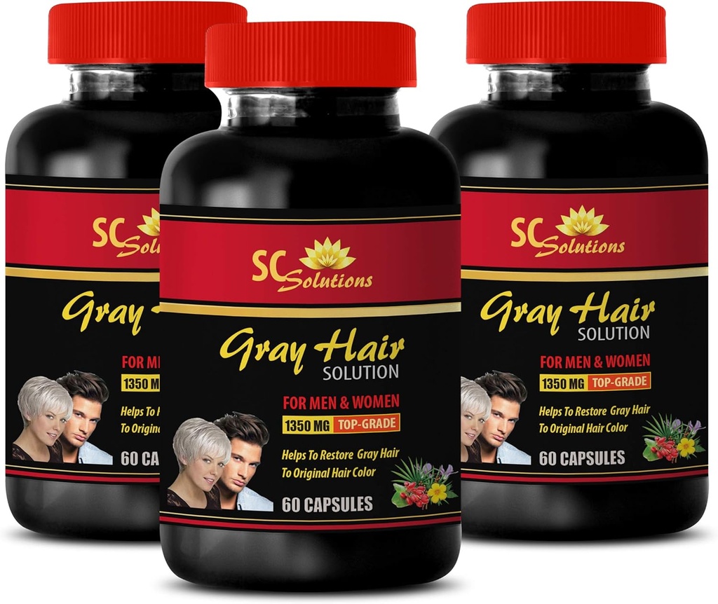 Ενεργειακά Χάπια - Anti-Gray Hair Solution - για άνδρες και γυναίκες - Φολικό οξύ, βιοτίνη, παντοθενικό οξύ, Catalse, Horsetail, Saw Palmetto, PABA, L-Τυροσίνη, Νερά, Χλωροφύλλη, Fo Ti, Barley 3B 180 Caps