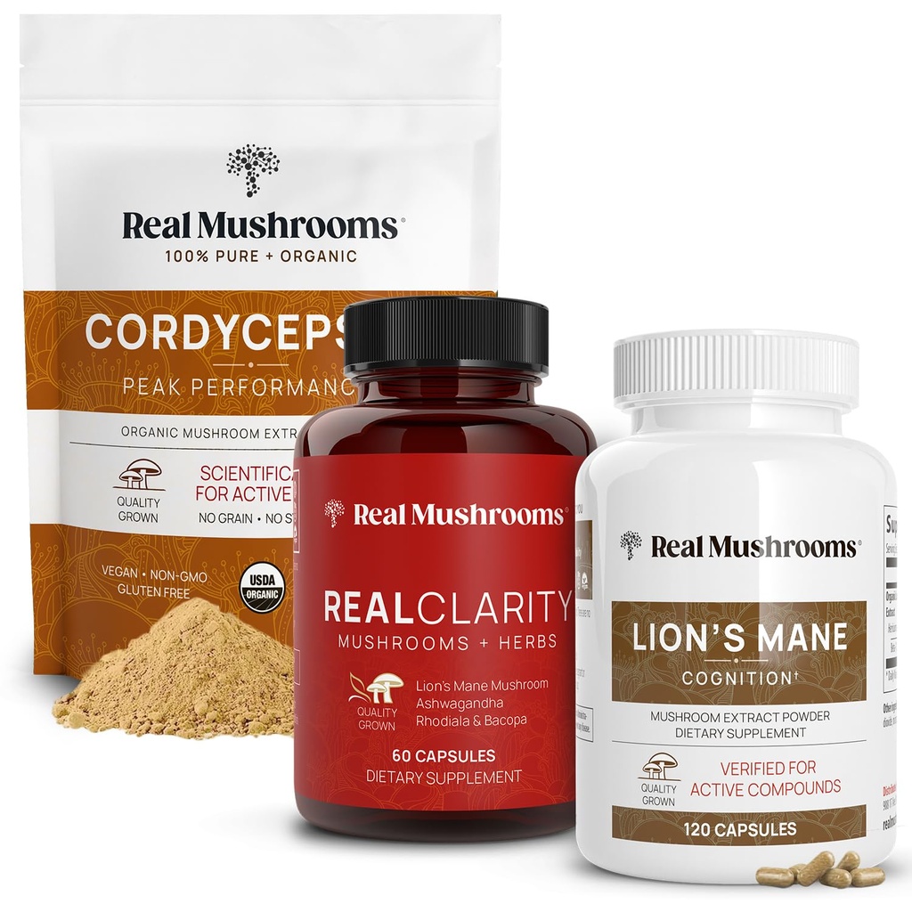 Real Mushrooms RealClarity (60ct) & Lions Mane (120ct) Κάψουλες w/Cordyceps Powder Bundle - Mushroom Supplement for Mental Clarity, Focus, Cognition, Energy & Vitality - Vegan, Non-GMO