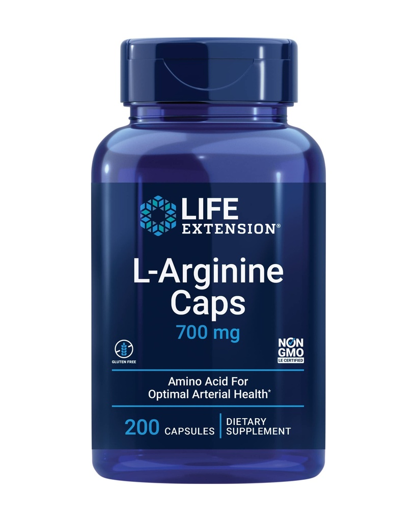 Life Extension L-Arginine Caps, 700 mg, Βιταμίνη C & Amino Acid για Βέλτιστη αρτηριακή υγεία, υποστηρίζει την καρδιά & ανοσοποιητική υγεία, υγιή ιστό & οστά, χωρίς γλουτένη, μη ΓΤΟ, 200 κάψουλες
