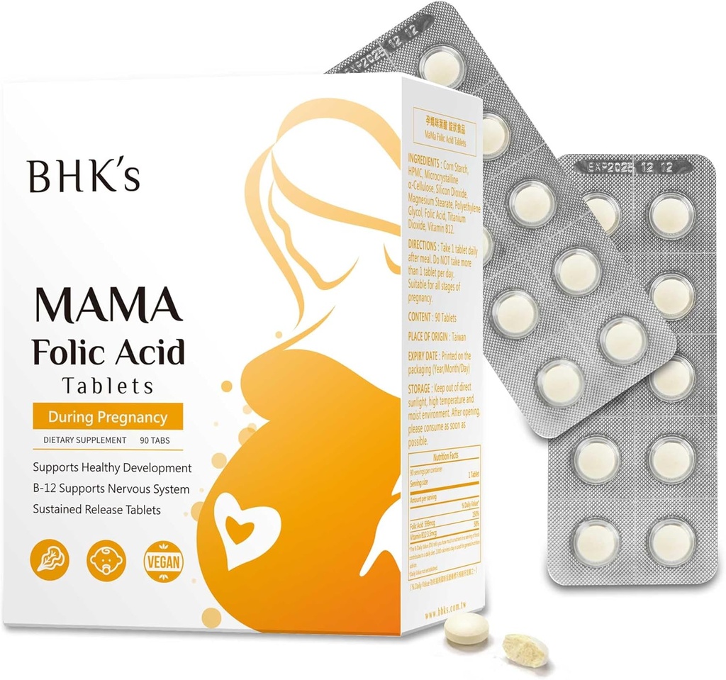 BHK's Folic Acid, Πριν από τη διάρκεια της εγκυμοσύνης, υποστηρίζει την ανάπτυξη του νευρικού συστήματος Baby, βασικές βιταμίνες για τη μαμά και το μωρό, 90 δισκία