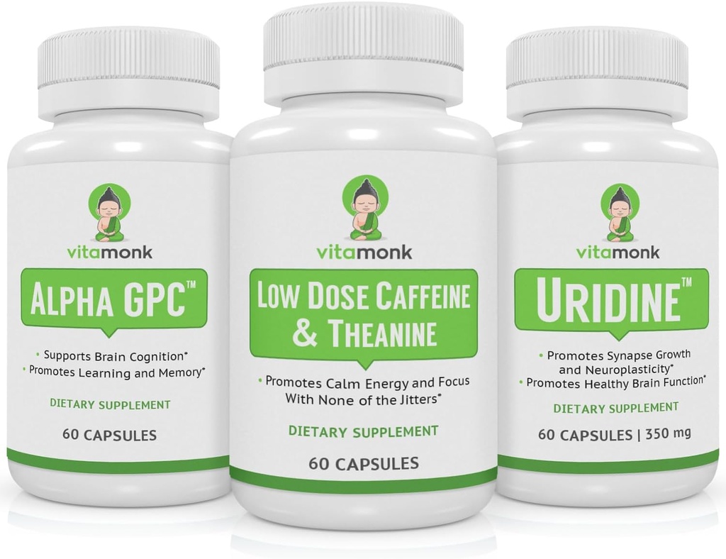 VitaMonk Brain Boost Bundle - Alpha GPC, Ουριδίνη και καφεΐνη χαμηλής δόσης + L-Theanine Duo