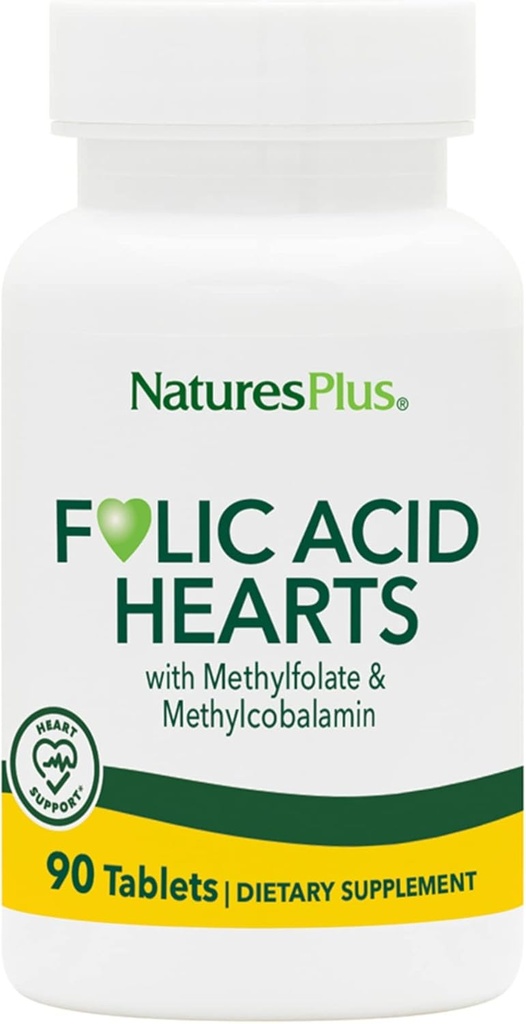 NaturesPlus Folic Acid Hearts (Methylfolate) - 400 mcg, 90 Vegetarian Tablets - with Vitamin B6 & Vitamin B12 (as Methylcobalamin) - Gluten-Free - 90 Servings