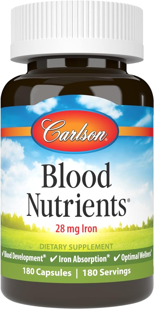 Carlson - Θρεπτικά αίματος, 28 mg σιδήρου, ανάπτυξης αίματος, απορρόφησης σιδήρου & βέλτιστης ευεξίας, 180 κάψουλες
