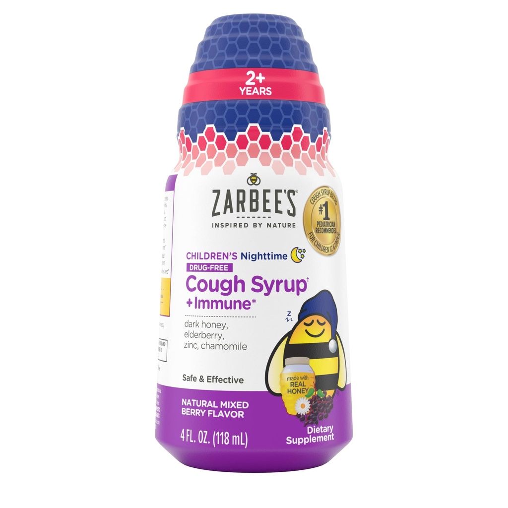 Παιδικό Syrup για τον Βήχα + Ανοσοποιητικό για Παιδιά 2+, Σιρόπι για τον Βήχα με Καταπραϋντικό Σκοτεινό Μέλι, Αληθινό Βατόμουρο, Βιταμίνη D & Ψευδάργυρο, & Χαμομήλι, Χωρίς Ναρκωτικά, Μικτό Μπέρι, 4 fl. oz