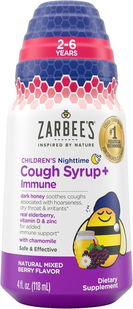Zarbee's Children's Nighttime Honey Cough Syrup + Immune for Kids 2+, Cough Syrup with Soothing Dark Honey, Real Elderberry, Vitamin D & Zinc, & Chamomile, Drug-Free, Mixed Berry, 4 fl. oz