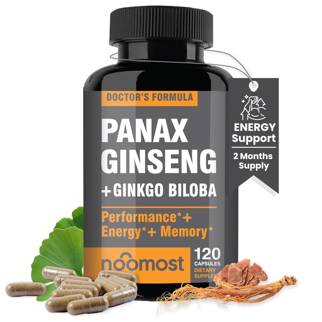 NooMost Authentic Korean Red Panax Ginseng + Ginkgo Biloba, 120 κάψουλες Vegan, Ginseng Root Extract Powder 1000mg (10% Ginsenosides) + Gingko Biloba 60mg, Ενέργεια και χάπια εστίασης για άνδρες και γυναίκες