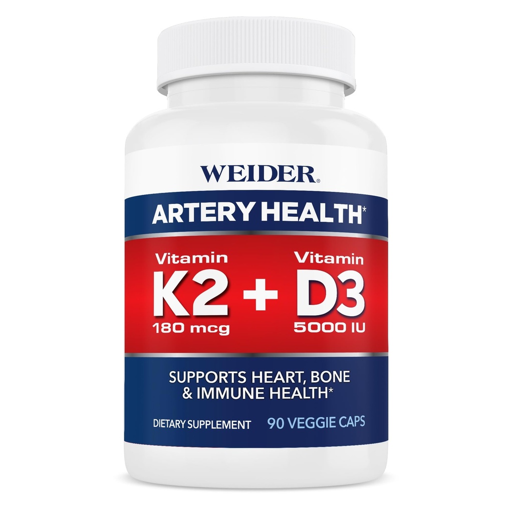 Weider Artery Health Supplement, Vitamin K2 (180mcg) & Vitamin D3 (5000iu), 90 Veggie Capsules