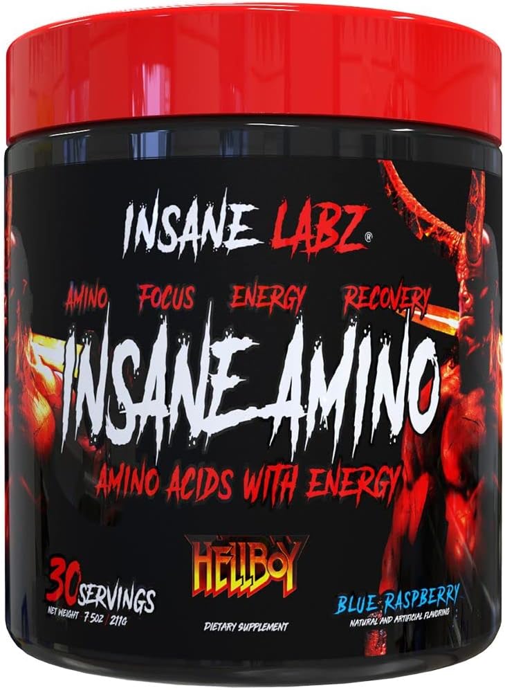 Insane Labz Insane Amino Hellboy Edition, BCAA με την ενεργειακή εστίαση αποκατάσταση μυών, Intra Processed Powder, 2 1 1 διακλαδισμένη αλυσίδα Amino Acid Powder, 30 Srvgs, Blue Raspberry
