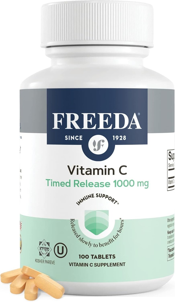 FREEDA Timed Release Βιταμίνη C 1000mg – Slow- Release για υποστήριξη ανοσοποιητικών & αντιοξειδωτικών, Gentle on Stomach, Kosher & Vegan, δισκία υψηλής απορρόφησης (100 δισκία)