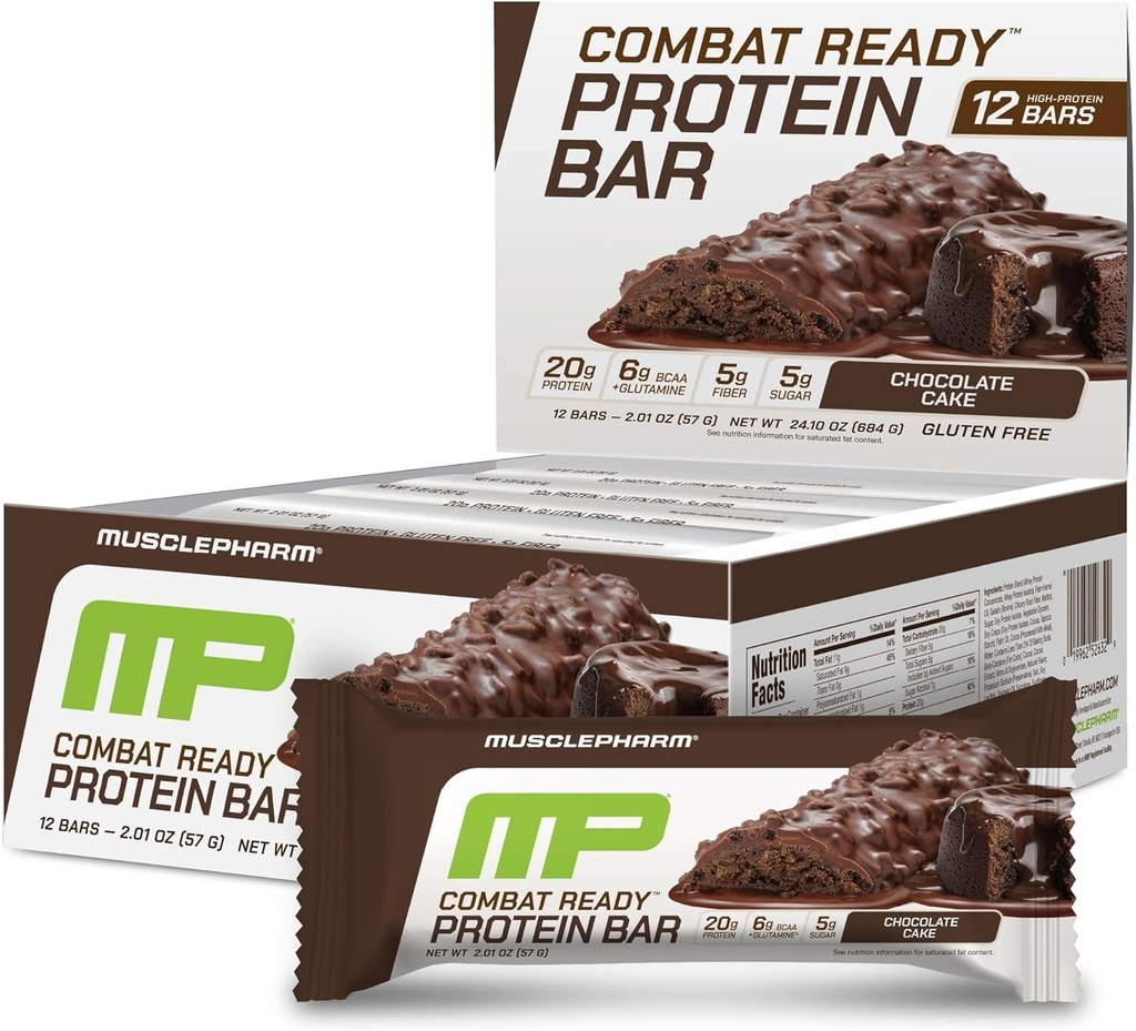 MusclePharm Combat Sport Bar, Chocolate Cake Flavor High Protein Bars, Combat Cravings, Fuel Performance & Meet Energy Demands, 20g Protein from Whey Protein, 5g Fiber, Gluten Free, 12 Bars