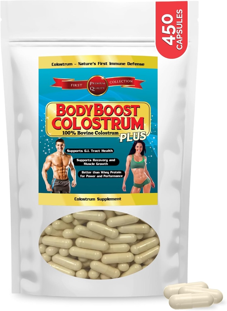 BodyBoost Colostrum Κάψουλες, 100% Bovine Colostrum Κόνις, ανοσοενισχυτικό συμπλήρωμα με ανοσοσφαιρίνη & Lactoferrin, Super Food for Gut Health & Muscle Growth, Diverse Intake, 450 Caps
