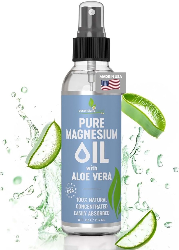Pure Magnesium Oil Spray with Aloe Vera 8oz - Topical Magnesium Spray - Less Itchy - 100% Organic Oil - Made in USA