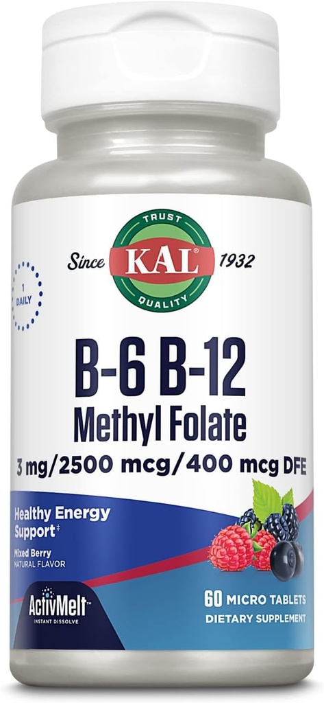 KAL Vitamin B-6 B-12 Methyl Folate ActivMelt, Vitamin B Supplement, Heart Health, Energy and Red Blood Cell Support with Methyl B12 and DFE Folic Acid, Natural Berry Flavor, 60 Servings, 60 Micro Tabs