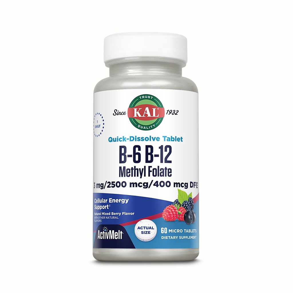 KAL Vitamin B-6 B-12 Methyl Folate ActivMelt, Vitamin B Supplement, Heart Health, Energy and Red Blood Cell Support with Methyl B12 and DFE Folic Acid, Natural Berry Flavor, 60 Servings, 60 Micro Tabs