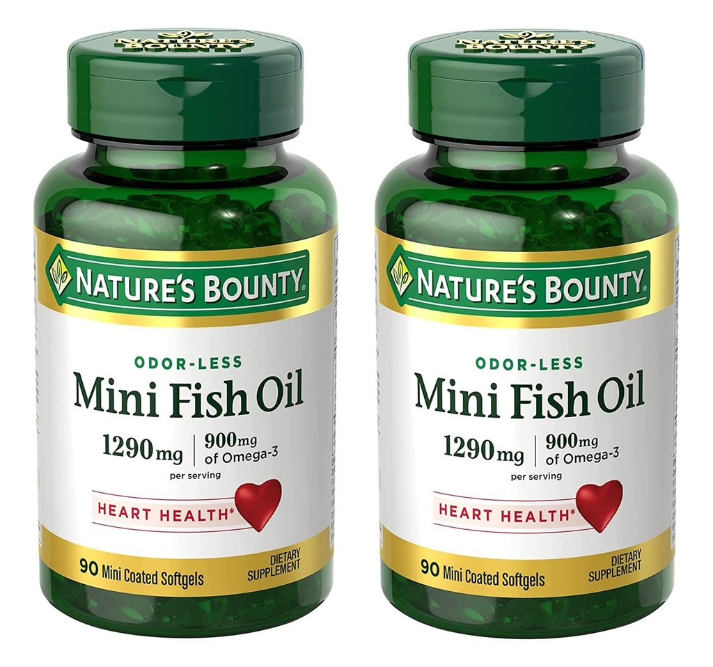 Nature's Bounty Mini Fish Oil Softgels 1290 mg, Omega-3, Υποστηρίζει την υγεία της καρδιάς, Odor-Less, 90 Mini Coated Softgels - Συσκευασία των 2