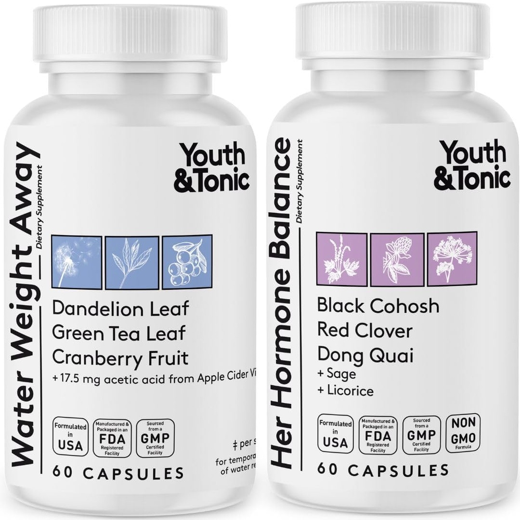 Youth & Tonic Women Water Weight Loss Pills for Hormonal Changes and Fluid Retention During PMS, Menopause – Swelling, Bloating & Hormone Balance – 120 Capsules