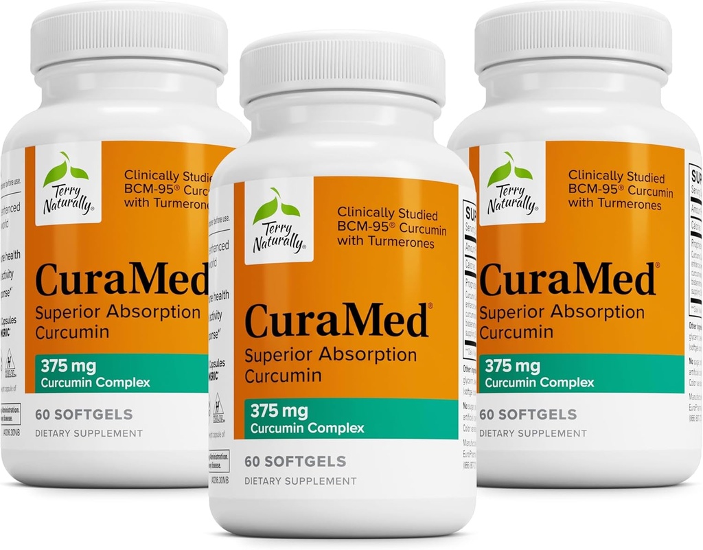 Terry Φυσικά CuraMed 375mg - Αντιοξειδωτικό συμπλήρωμα για την υποστήριξη του εγκεφάλου και ανοσοποιητικού υγείας - Συμπλήρωμα διατροφής με αιθέριο έλαιο κουρκουμίνης & κουρμερικής - Φυτική υποστήριξη ήπατος - 60 Softgels (πακέτο των 3)