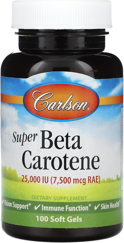 Carlson - Super Beta Carotene, 25000 IU (15 mg), Vitamin A as Beta Carotene, Bioavailable and Bioactive Form, Vision Health, Healthy Skin, 100 Softgels