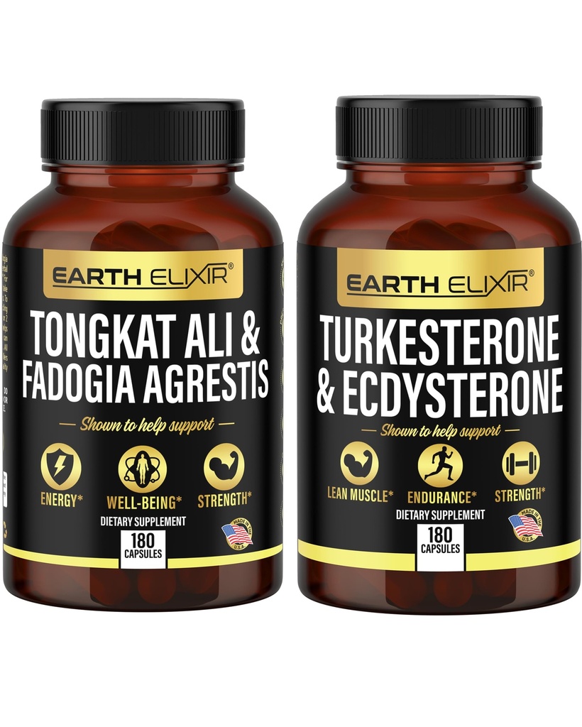 Earth Elixir Fadogia Agrestis 600mg and Tongkat Ali 500mg + Turkesterone1000mg and Ecdysterone 1000mg Supplments (180 Capsules) Bundle