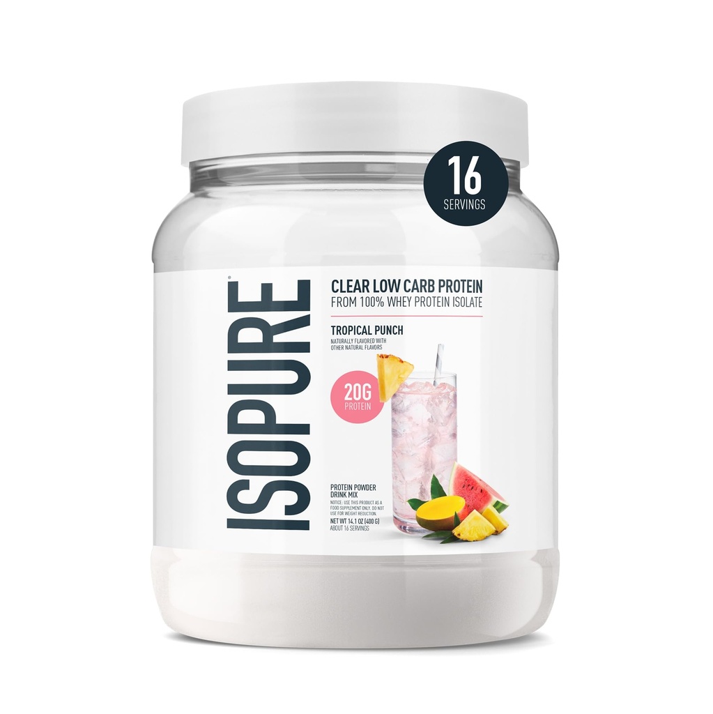 Isopure Clear Whey Isolate Protein Powder, Lactose Free, Gluten Free, Φυσικώς αρωματισμένη, Tropical Punch, 20g πρωτεΐνη ανά υπηρεσία, 14,1 Oz, 16 υπηρεσίες (Packaging May Vary)