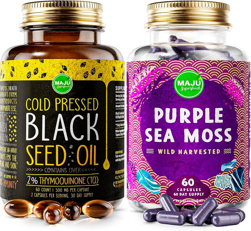 Maju Superfoods Κάψουλες Μαύρου Λαδιού Σπόρου και Purple Sea Moss Κάψουλες Bundle