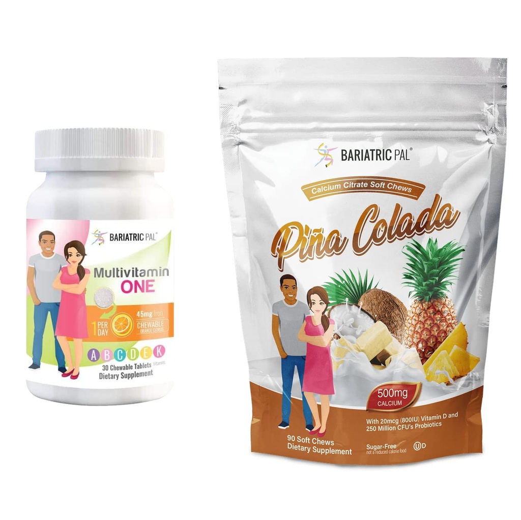 BariatricPal 30-Day Bariatric Vitamin Bundle (Πολυβιταμίνη 1 ανά ημέρα! με 45mg σιδήρου Μασώμενα - Πορτοκαλί Εσπεριδοειδή και ασβέστιο Κιτρικό Μαλακό Μασά 500mg με Προβιοτικά - Piña Colada)