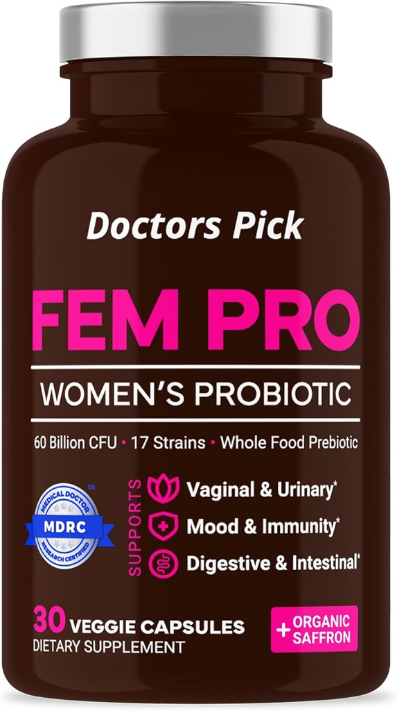 Fem Probiotics για τις γυναίκες. 17 Κλινικά Αποτελεσματικές Στρώσεις για Κολπική, Επιπεφυκτική & Ανοσοποιητική Υποστήριξη, Ουρολογική Φυλλαδική Υγεία, Ισορροπία pH και Mood. Οργανικά προβιοτικά, 30 κάψουλες λαχανικών