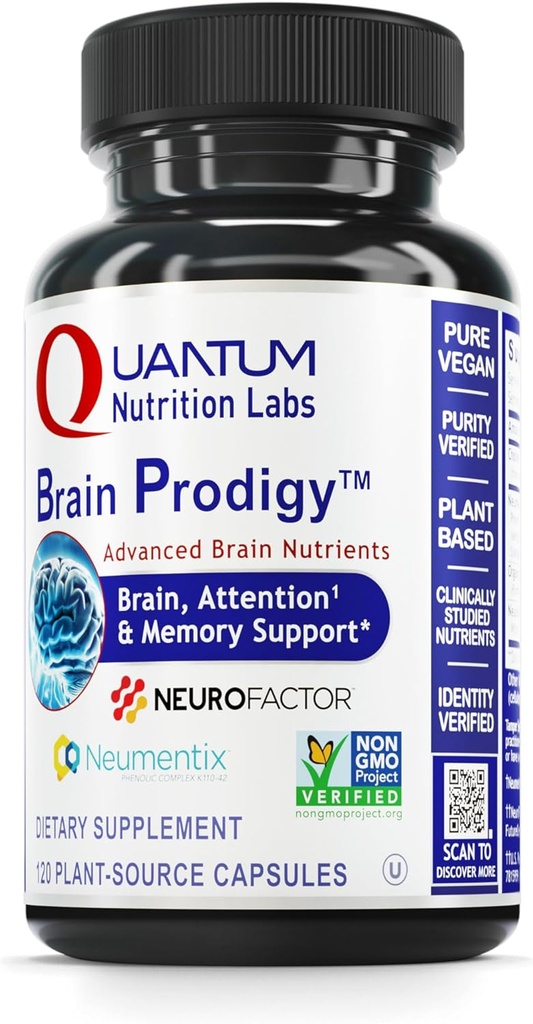 Quantum Nutrition Labs Brain Prodigy - Συμπληρώματα εγκεφάλου για τη μνήμη και εστίαση, συμπλήρωμα εστίασης, βιταμίνη για τη συγκέντρωση και τη μνήμη Υποστήριξη για ενήλικες, για άνδρες και γυναίκες - 120 κάψουλες χορτοφάγων